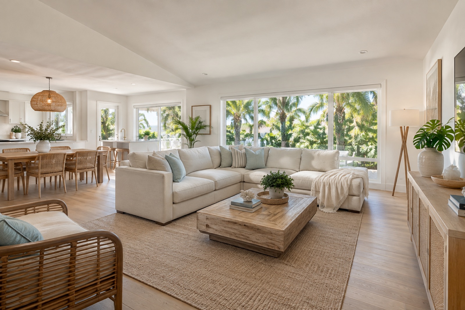 Original synthetic rendering of a bright coastal living room