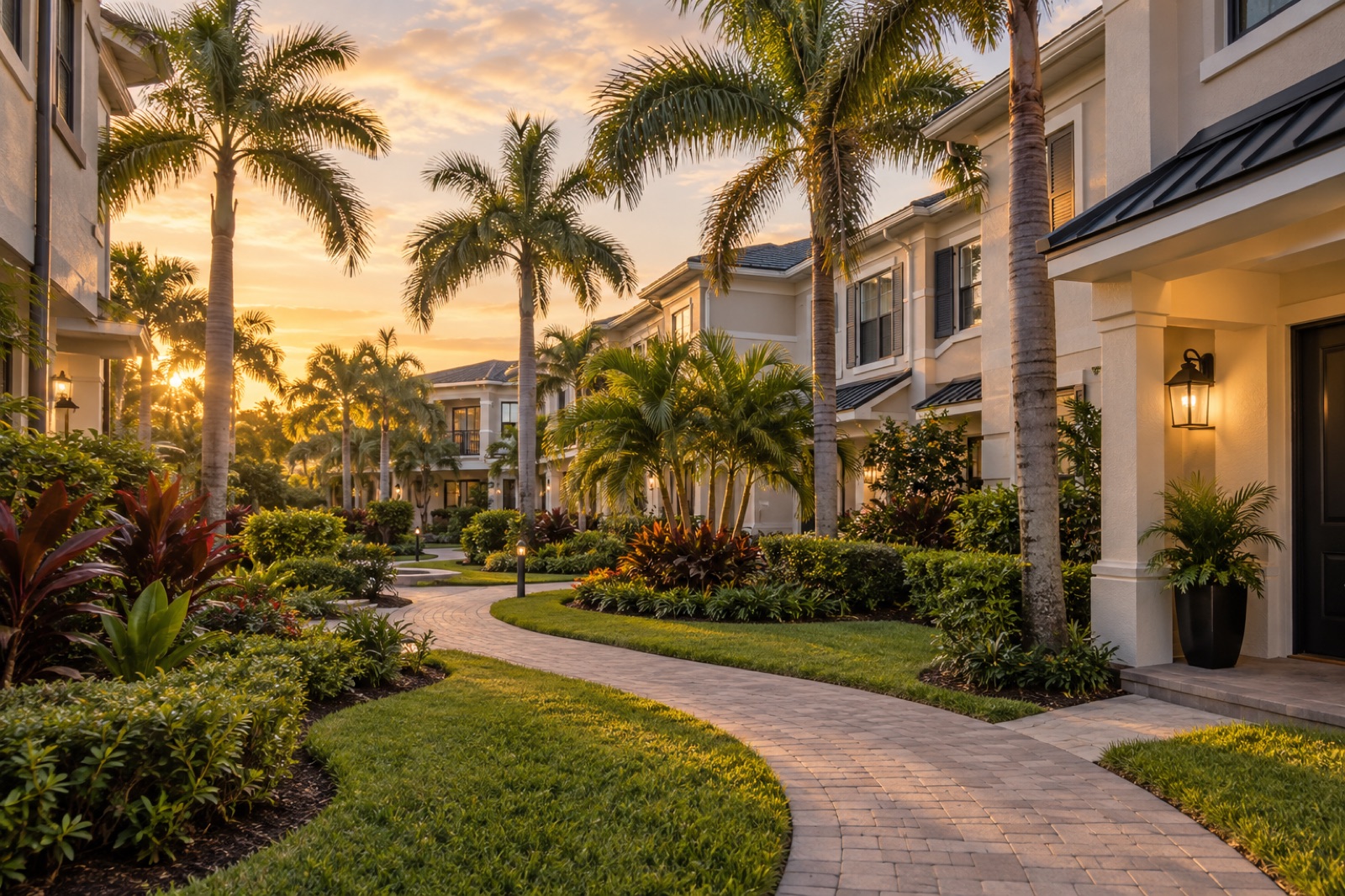 Original synthetic rendering of a landscaped Clearwater townhome community